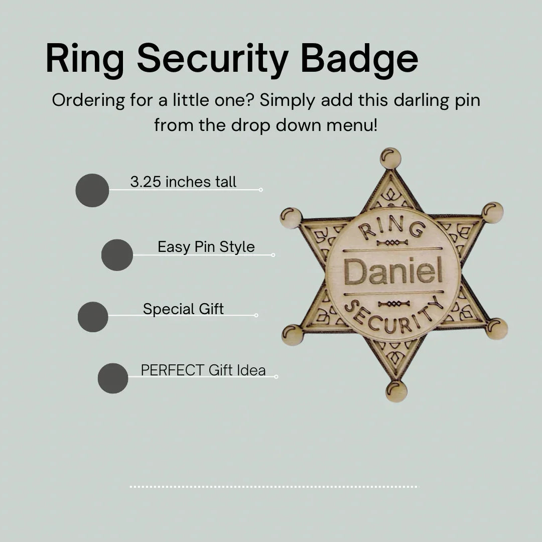 Wedding style Ring Security Badge design featuring Daniel on a pale blue backdrop