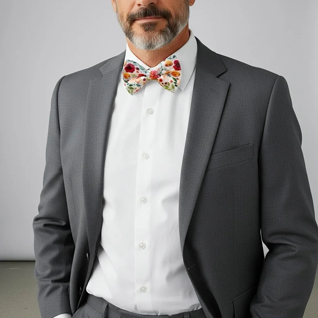 Wildflower floral bow tie on a man in a suit at a formal wedding.