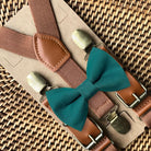 Teal Bow Tie & Cognac Buckle Suspenders Set for groomsmen, ring bearer outfit and wedding party.