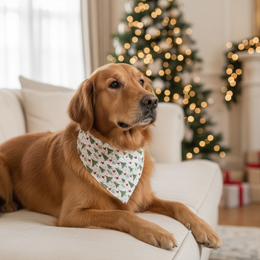 Dog wearing a Christmas dog bandana sitting on a couch with a Christmas tree and fireplace in the background
