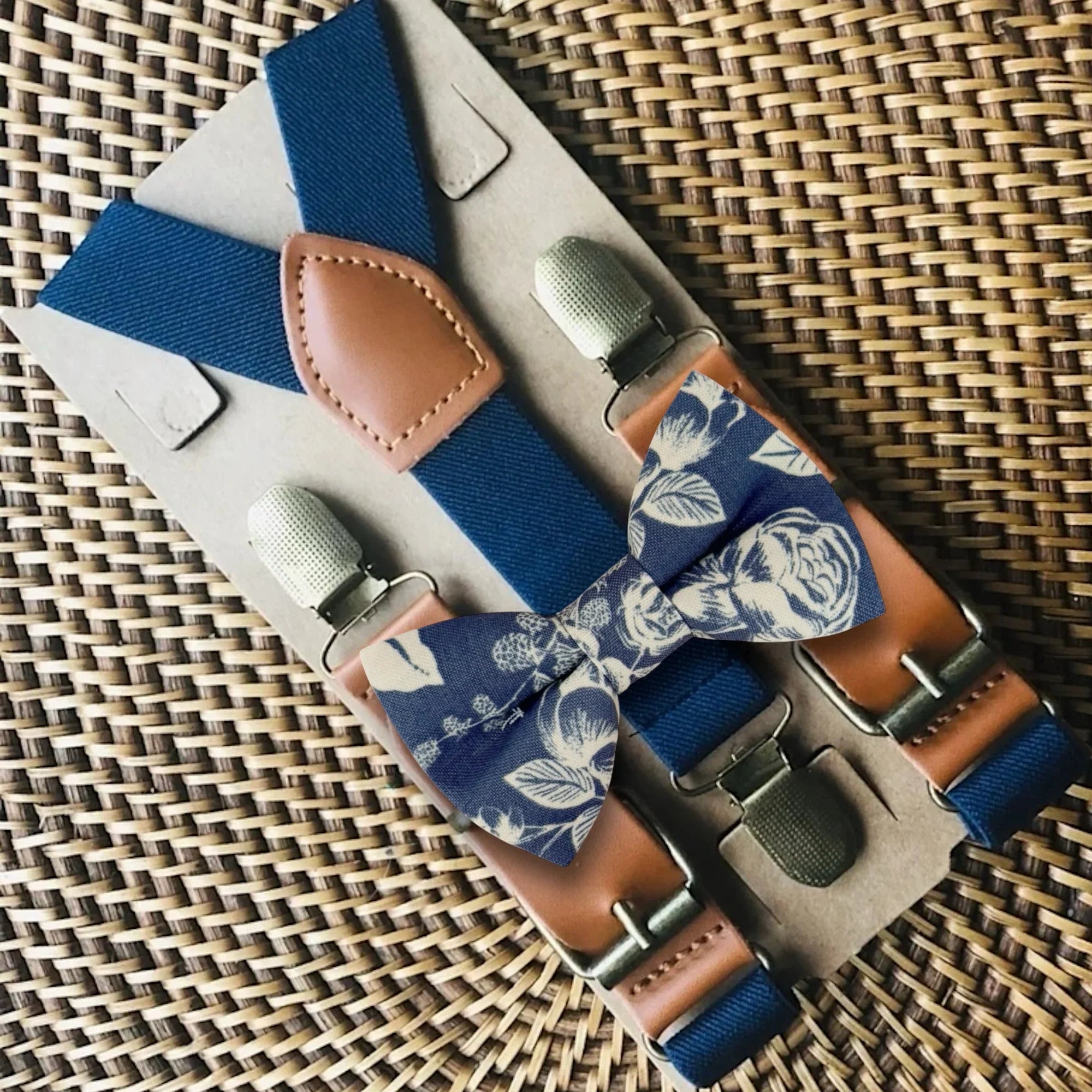 Floral bow tie and suspenders for men boys and groomsmen.