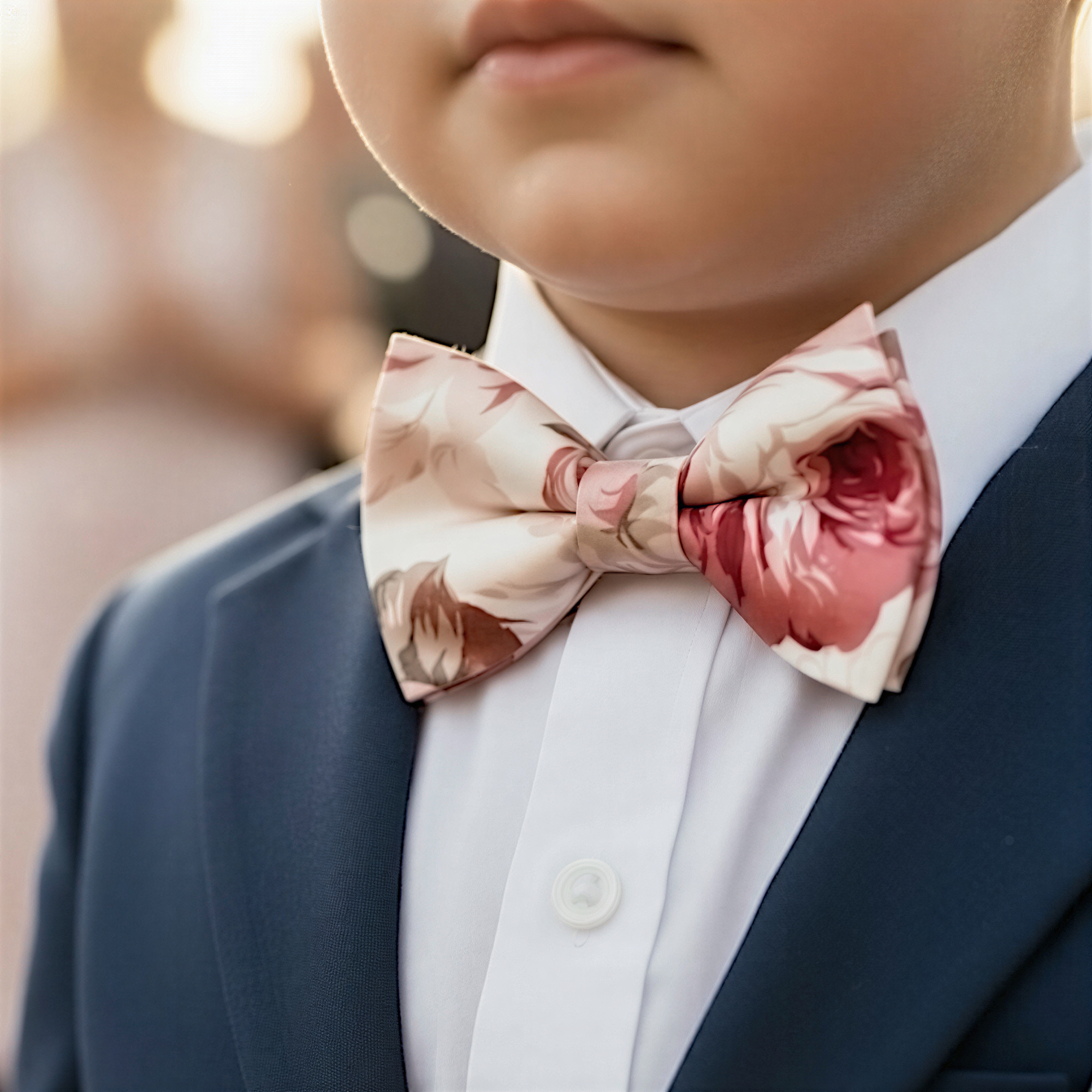 Child wearing a floral bow tie with a suit jacket.