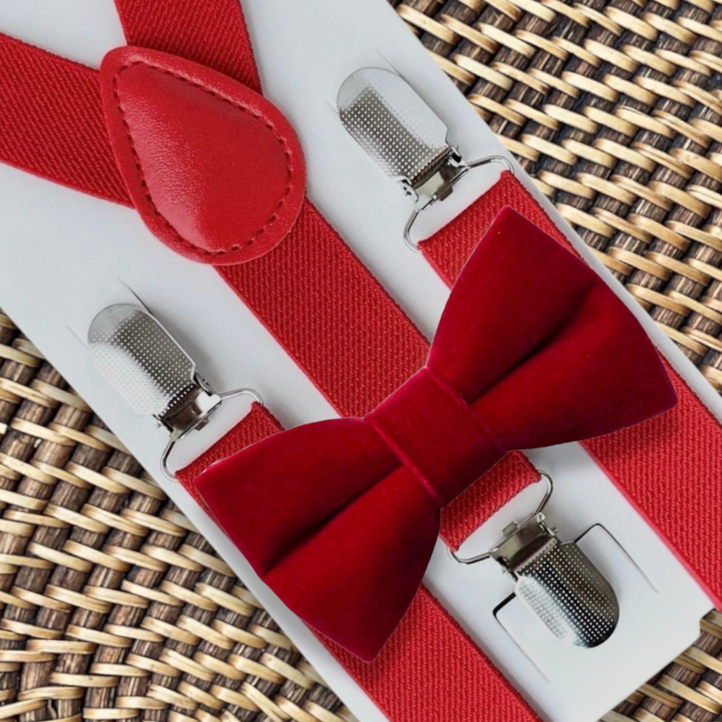 Red Velvet Bow Tie & Red Suspenders Set