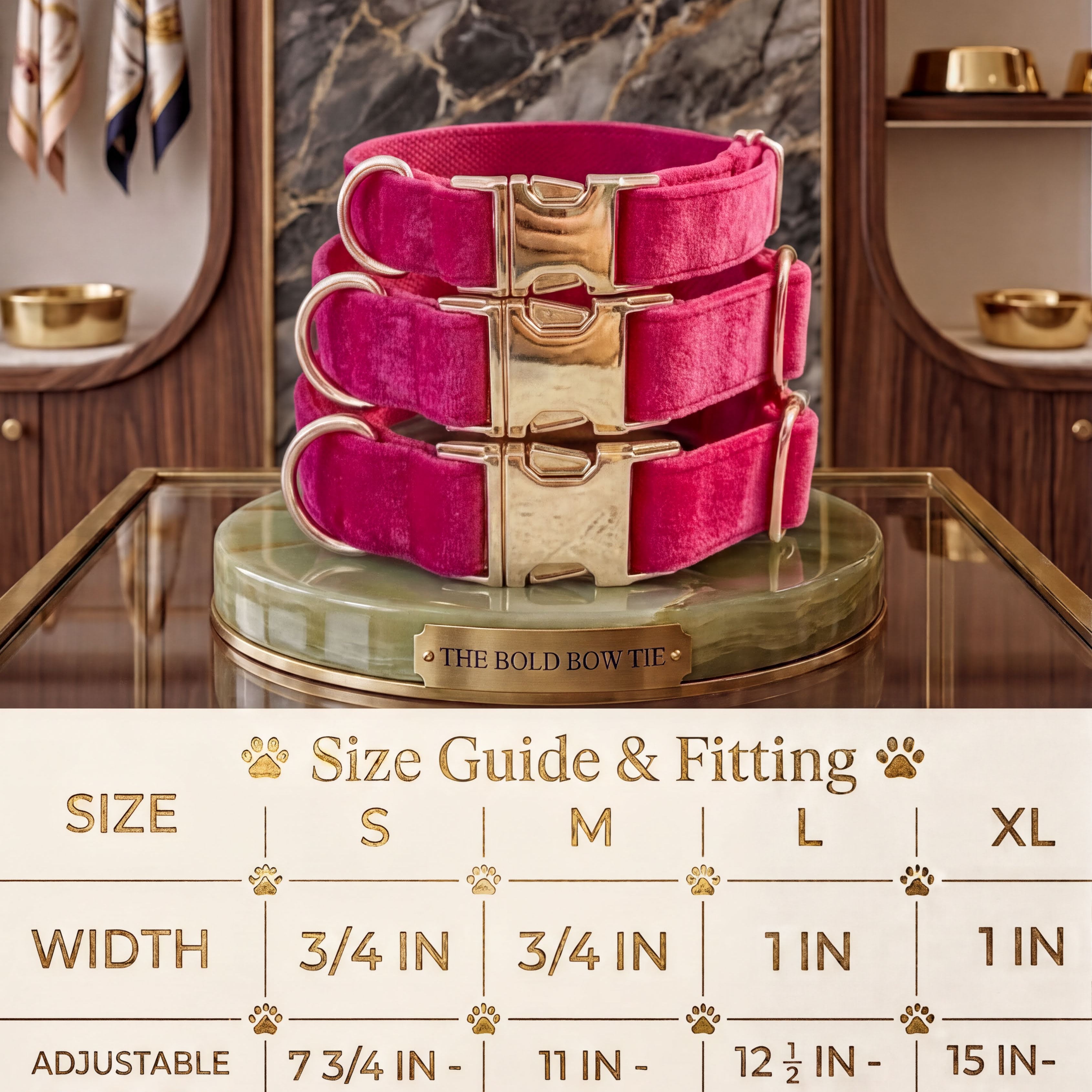 Velvet dog collars with gold buckle hardware arranged above a sizing chart. The chart details four sizes: Small has a width of 3/4 inch and an adjustable length of 7 3/4 to 11 3/4 inches. Medium has a width of 3/4 inch and an adjustable length of 11 to 18 3/4 inches. Large has a width of 1 inch and an adjustable length of 12 1/2 to 21 1/2 inches. Extra Large has a width of 1 inch and an adjustable length of 15 to 23 1/2 inches