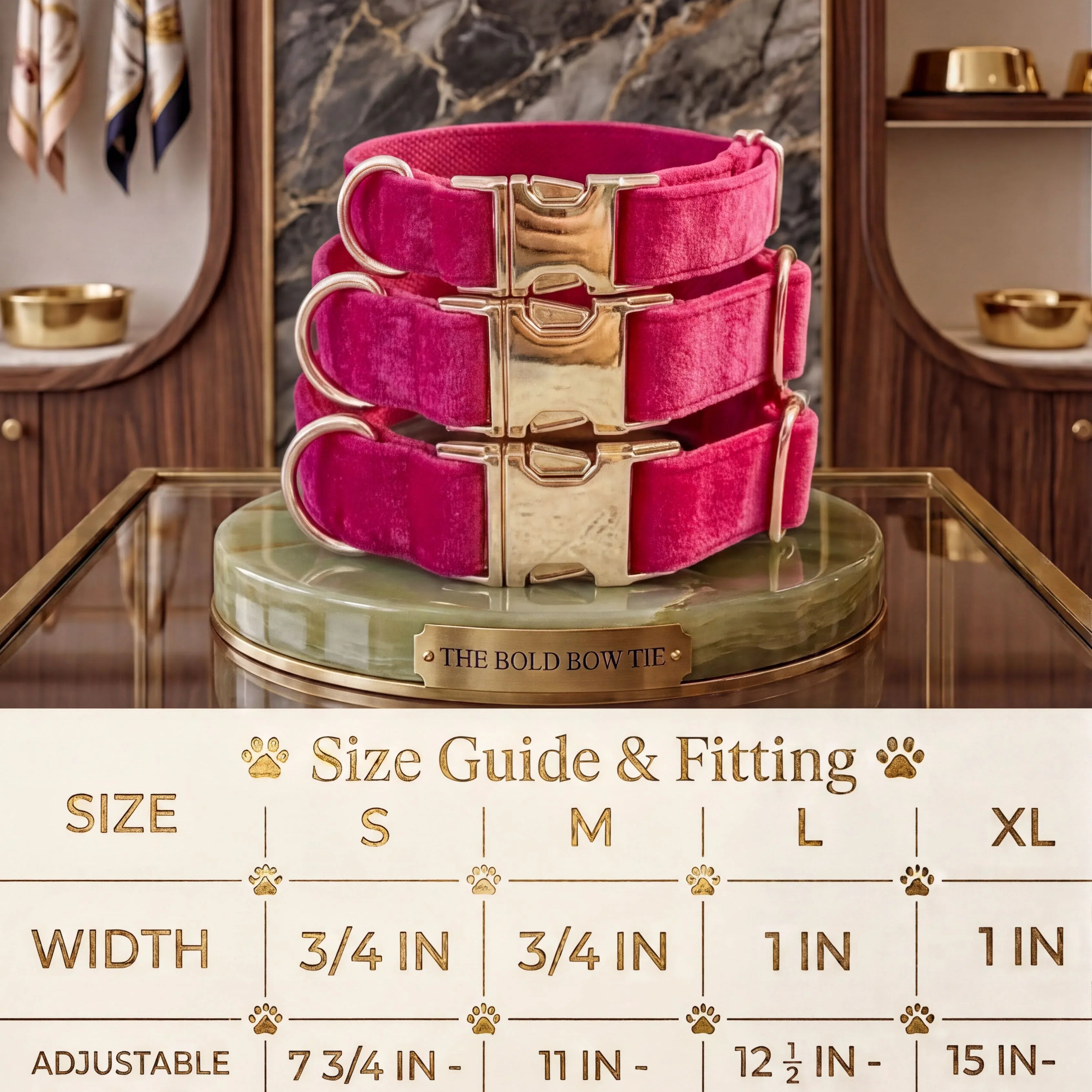 Velvet dog collars with gold buckle hardware arranged above a sizing chart. The chart details four sizes: Small has a width of 3/4 inch and an adjustable length of 7 3/4 to 11 3/4 inches. Medium has a width of 3/4 inch and an adjustable length of 11 to 18 3/4 inches. Large has a width of 1 inch and an adjustable length of 12 1/2 to 21 1/2 inches. Extra Large has a width of 1 inch and an adjustable length of 15 to 23 1/2 inches