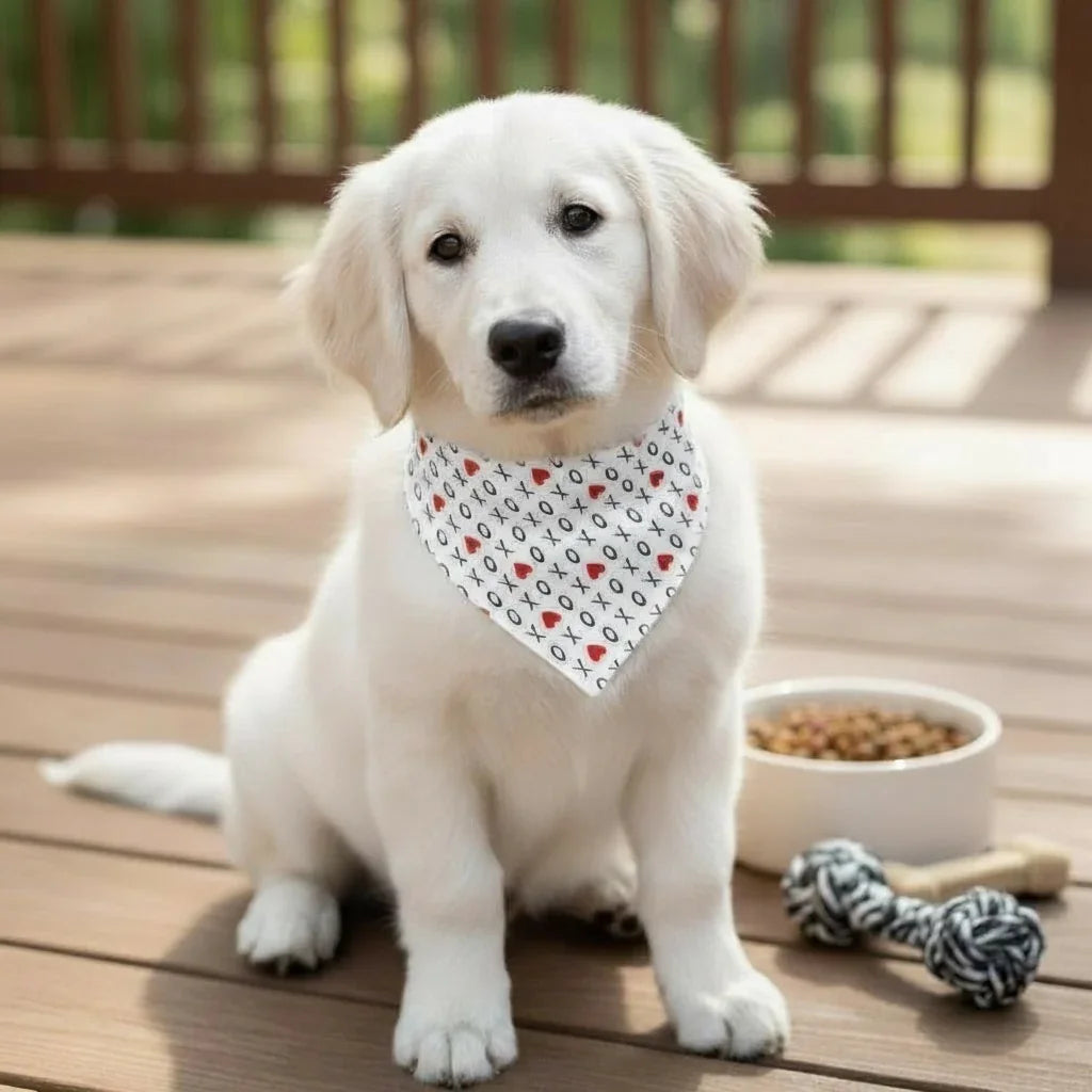 White puppy wearing a Valentine’s Day dog bandana on a wooden deck with a bowl of food and a toy.