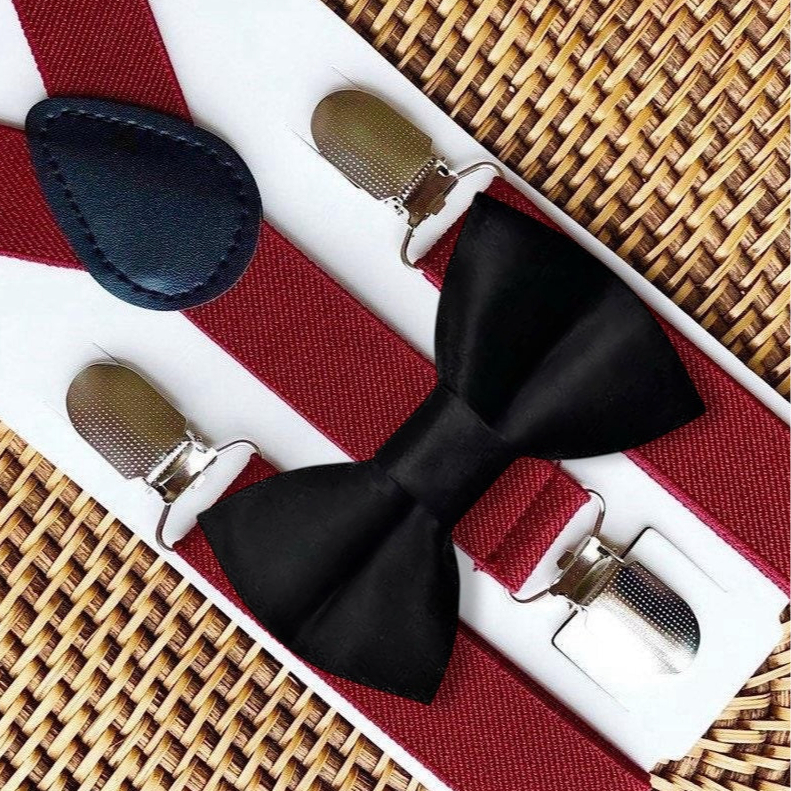 Black Bow Tie & Burgundy Suspenders Set for Thanksgiving and Christmas