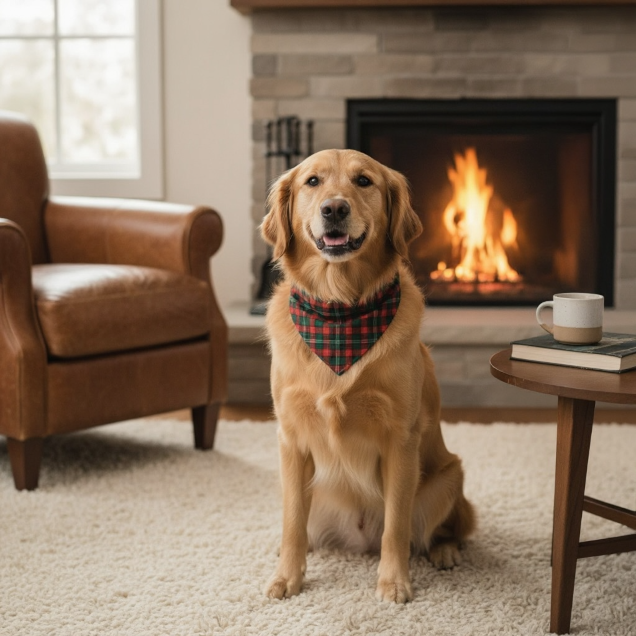 Red and Green Plaid Christmas Dog Bandana being worn by a dog in a living room