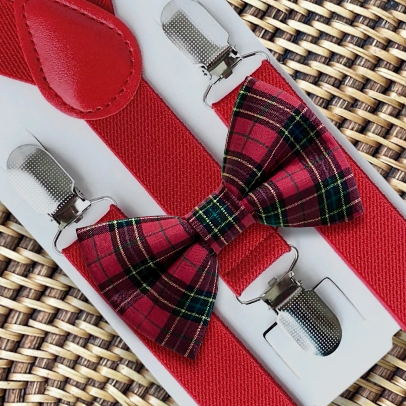 Red Plaid Christmas Bow Tie & Red Suspenders Set