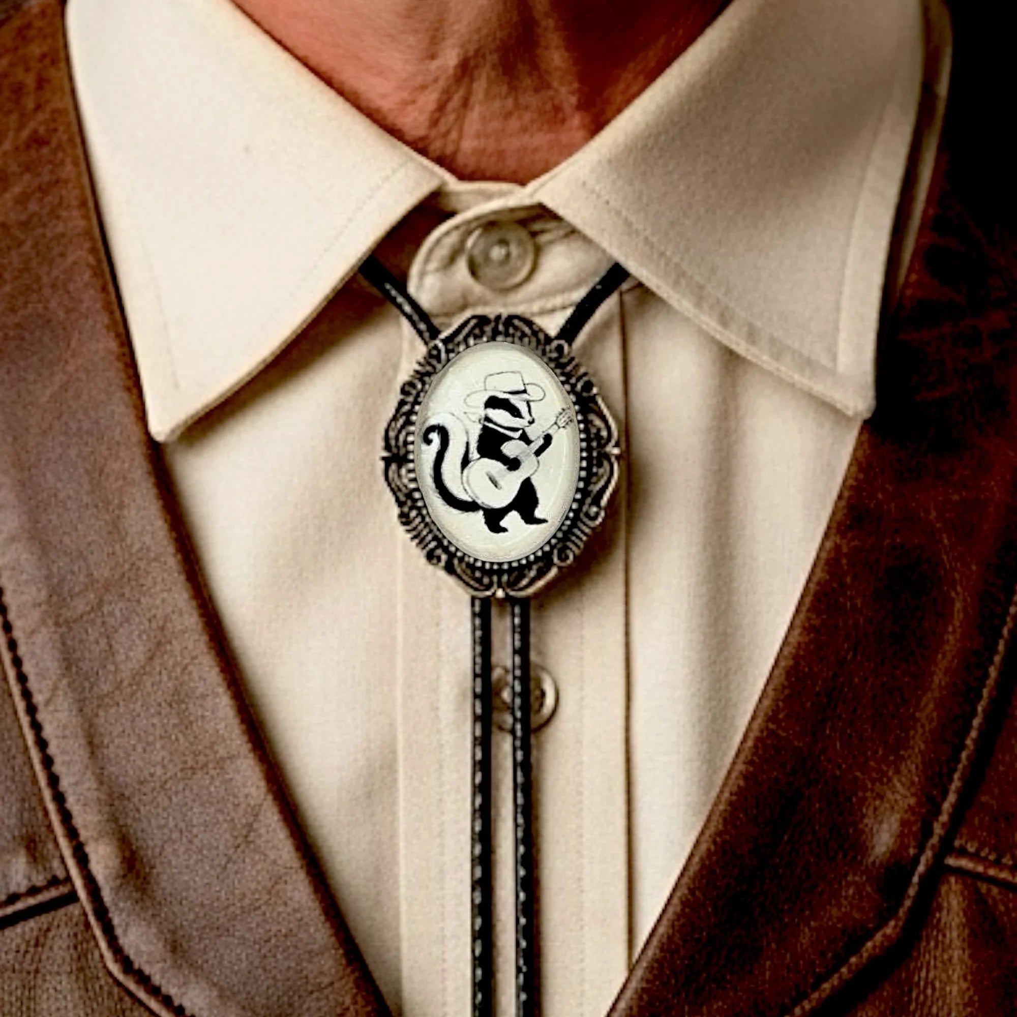White Skunk playing Guitar Bolo tie for men groomsmen and wedding.