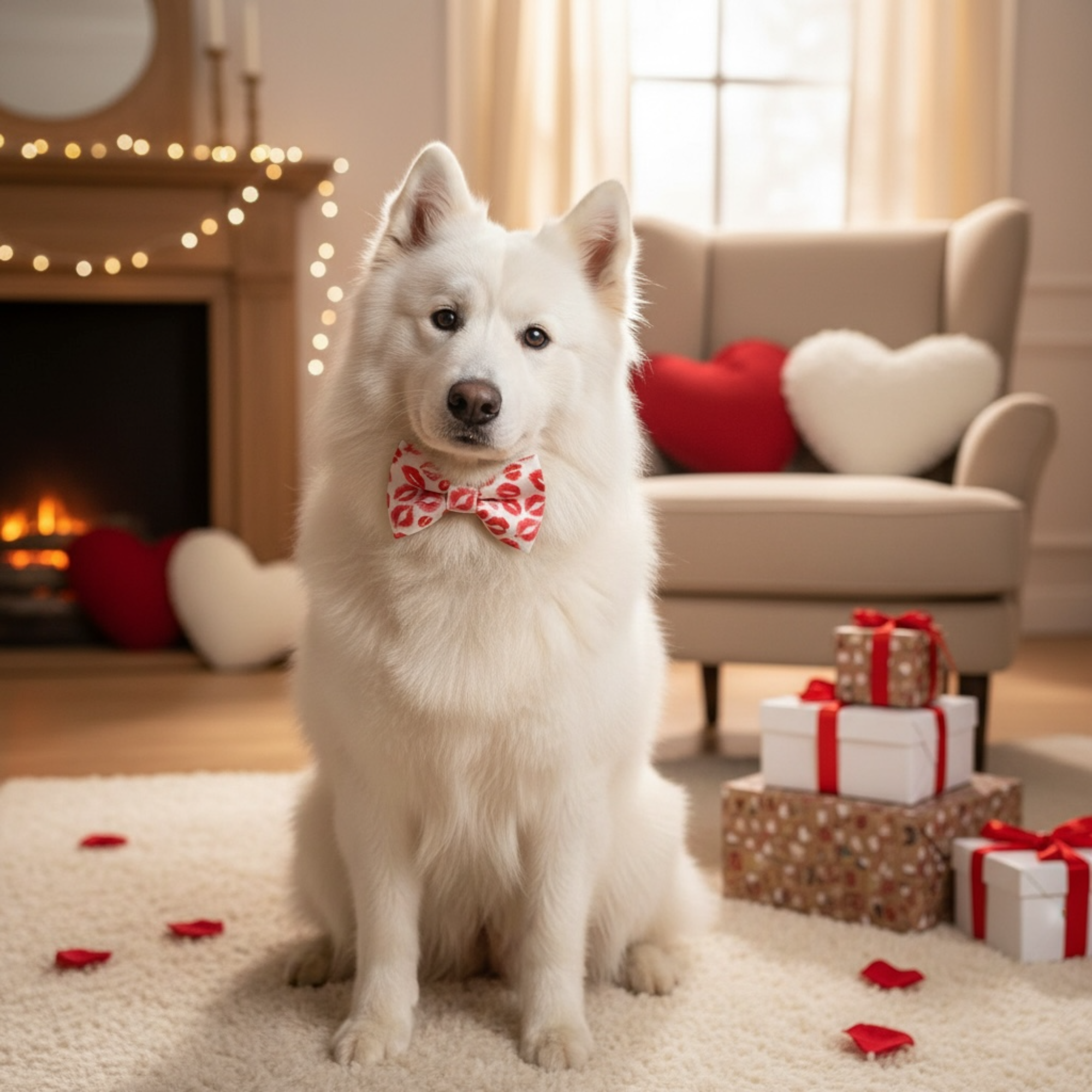 White dog wearing a red Valentine’s Day dog bow tie in a cozy living room with decorations.