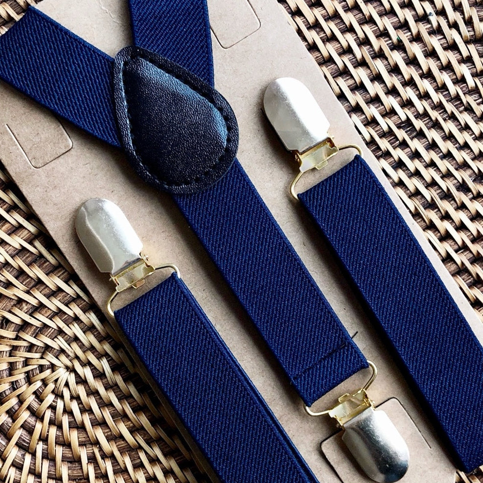Navy blue suspenders with silver clips for room, wedding and ring bearer outfits.
