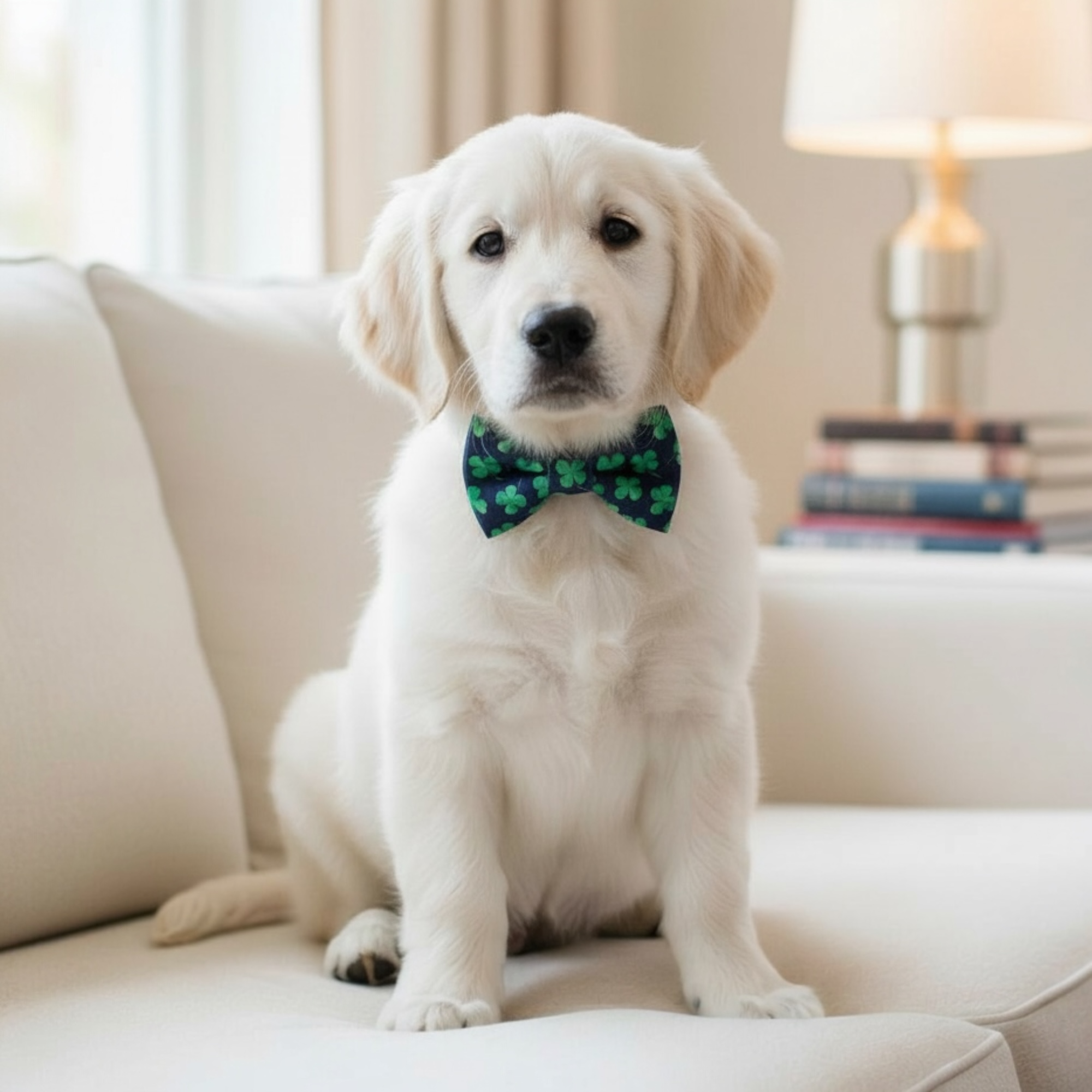 White puppy wearing a green St. Patrick’s Day dog bow tie sitting on a couch.