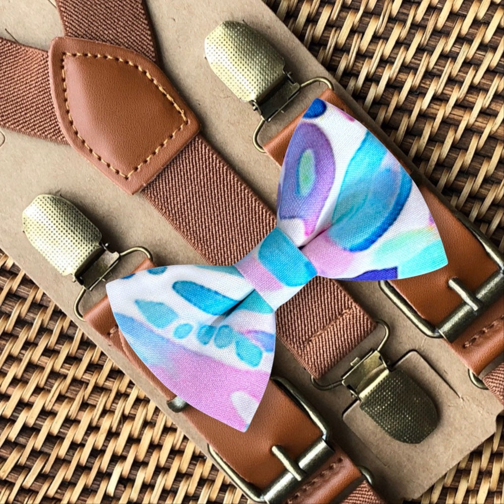 Watercolor blue bow tie and suspenders for wedding, groomsmen and ring bearer outfit.