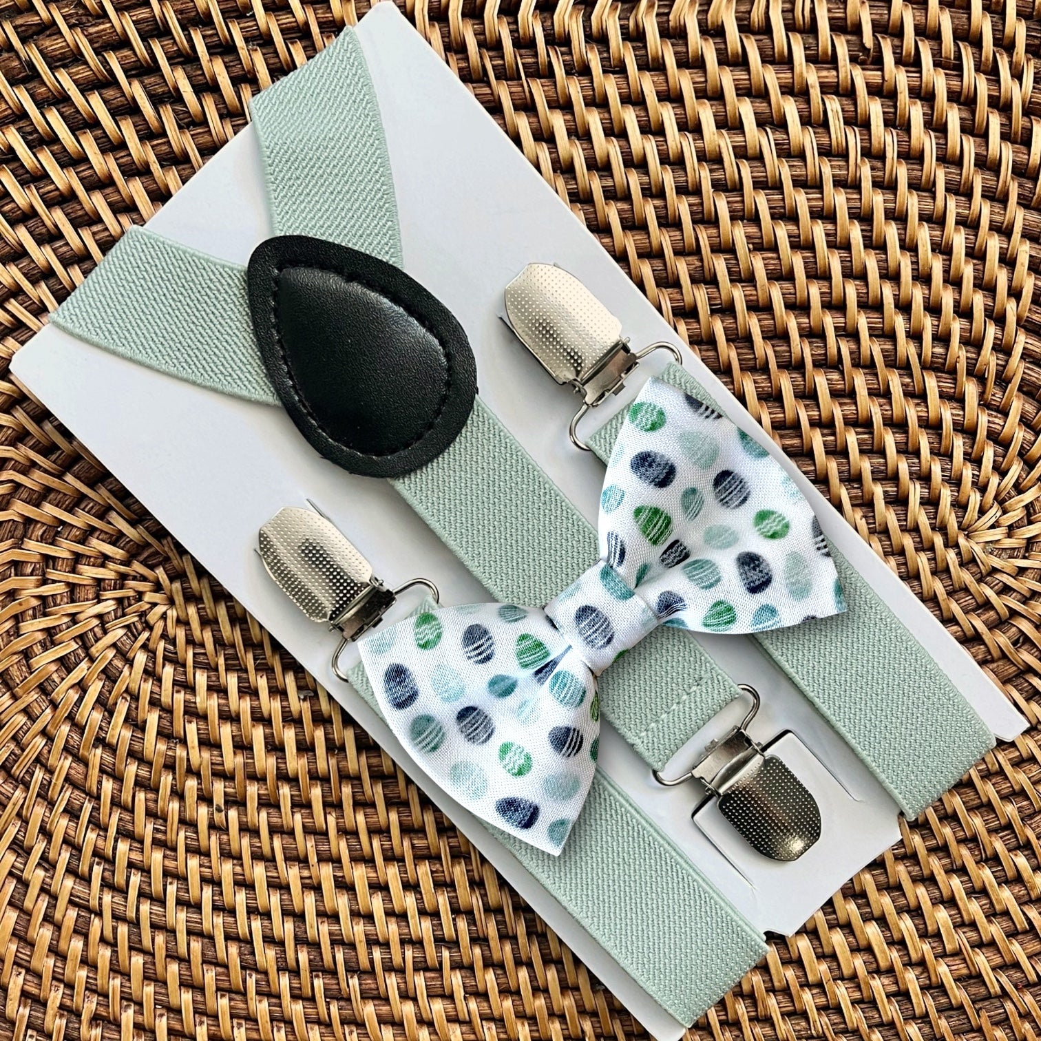 Handmade pre-tied plaid Easter egg bow tie with matching adjustable light green suspenders for boys and men.