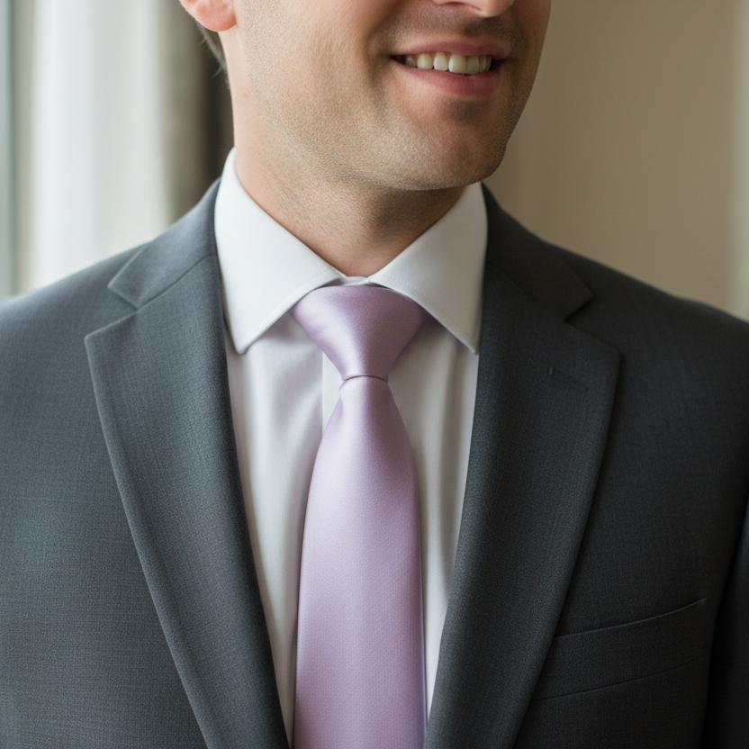 Lavender tie worn by a handsome groom at a wedding.