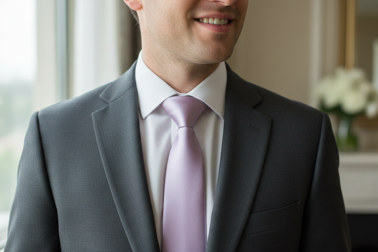 Lavender tie worn by a handsome groom at a wedding.