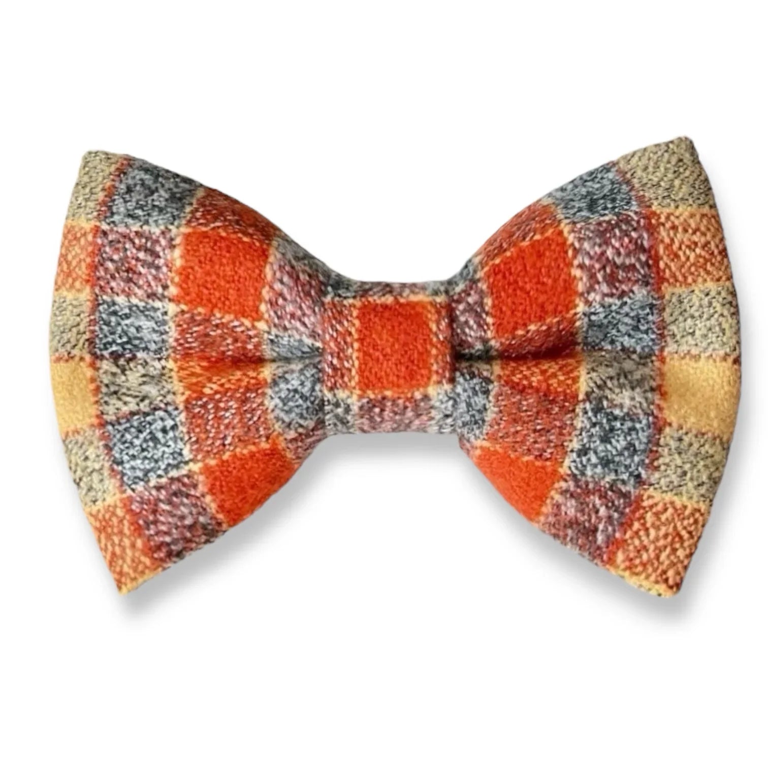 Autumn orange yellow and gray plaid bow tie for men, weddings and groomsmen, on a white background