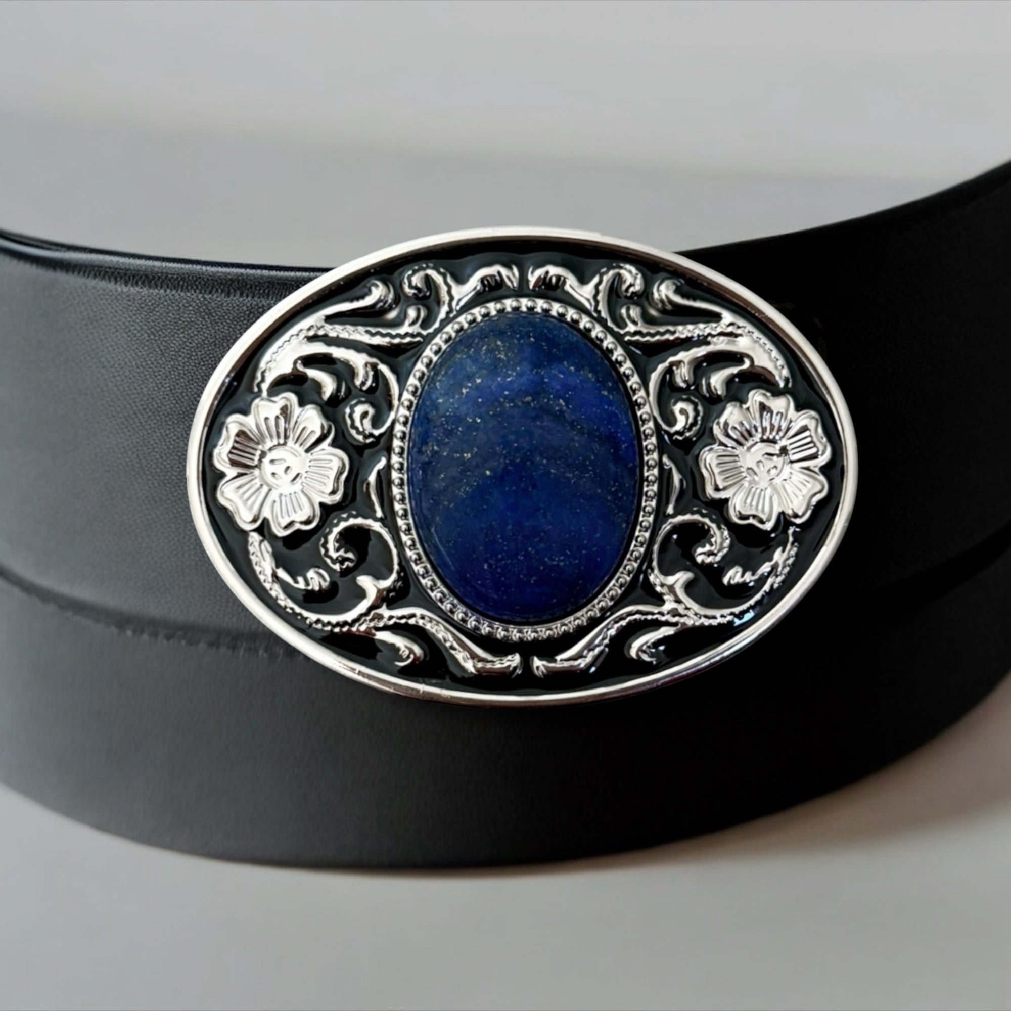 Blue Stone Belt Buckle Cowboy Western Accessory on option number 2 on a black leather belt