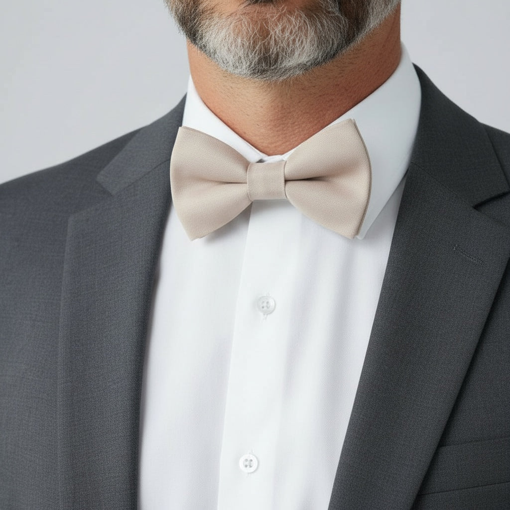 Groomsman wearing a gray suit with a biscotti bow tie against a light gray background