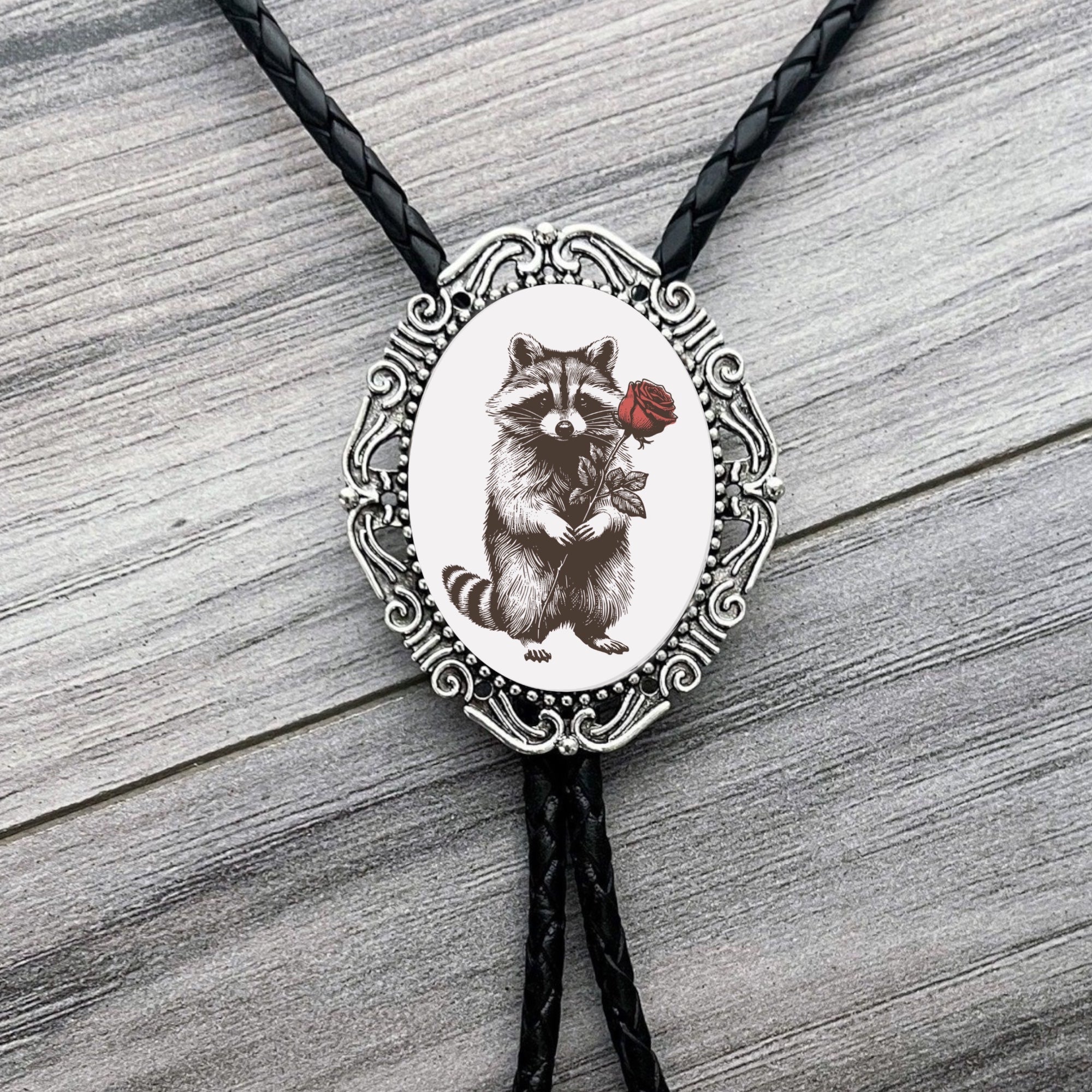Raccoon Bolo Tie, Valentine’s Day Western Accessory With black genuine leather cord.