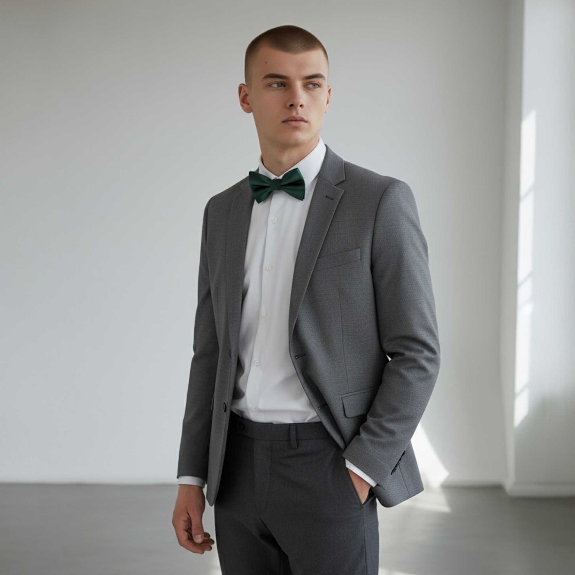 Man wearing a gray suit with a green bow tie in a minimalistic setting