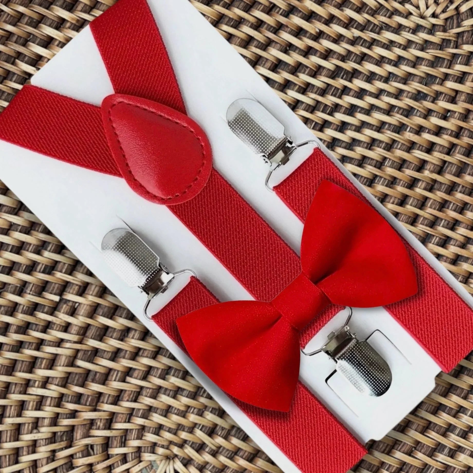 Red bow tie and suspenders for men boys and toddlers.
