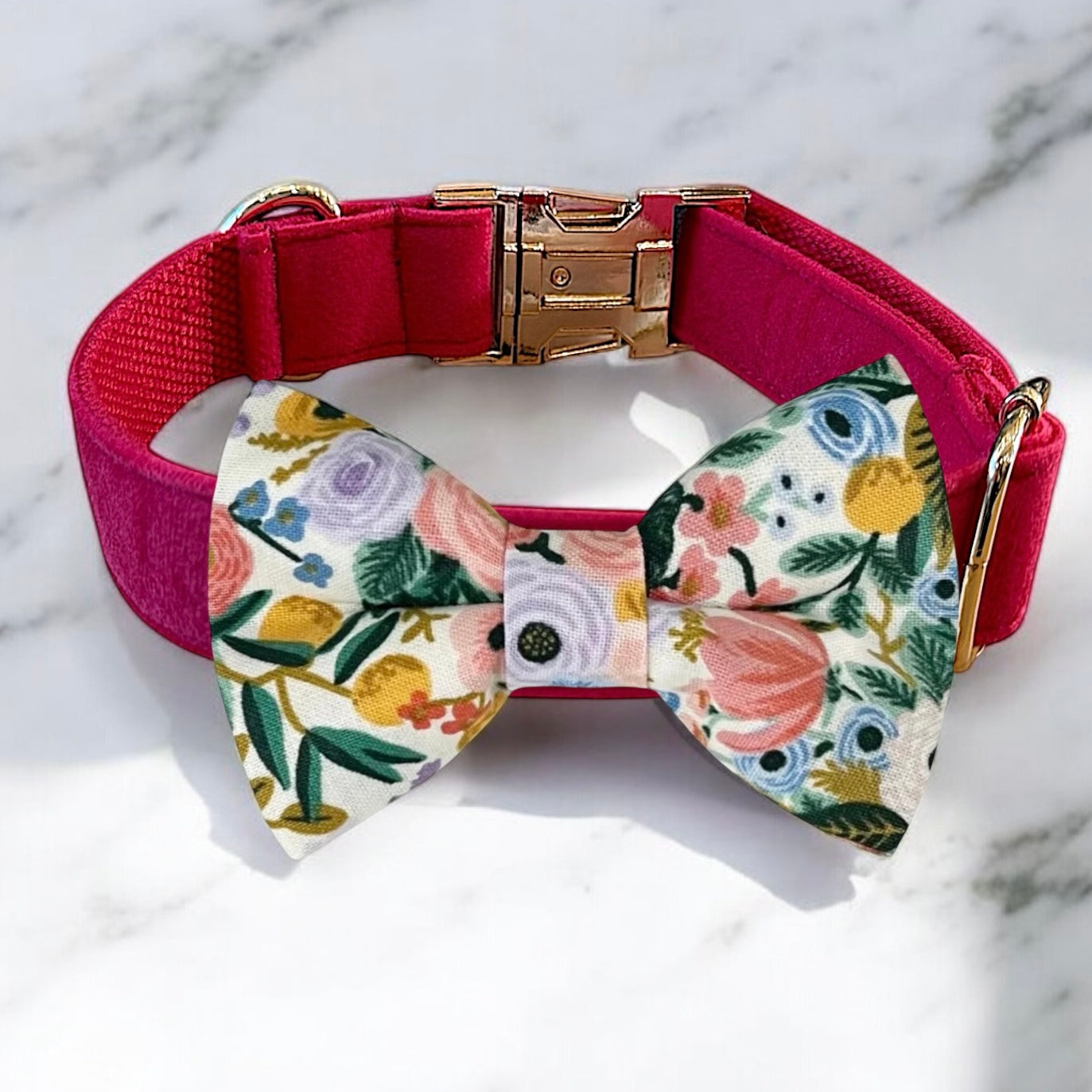 Rifle Paper Co Fabric White Floral Bow Tie Pink Dog Collar- perfect for wedding dog collar