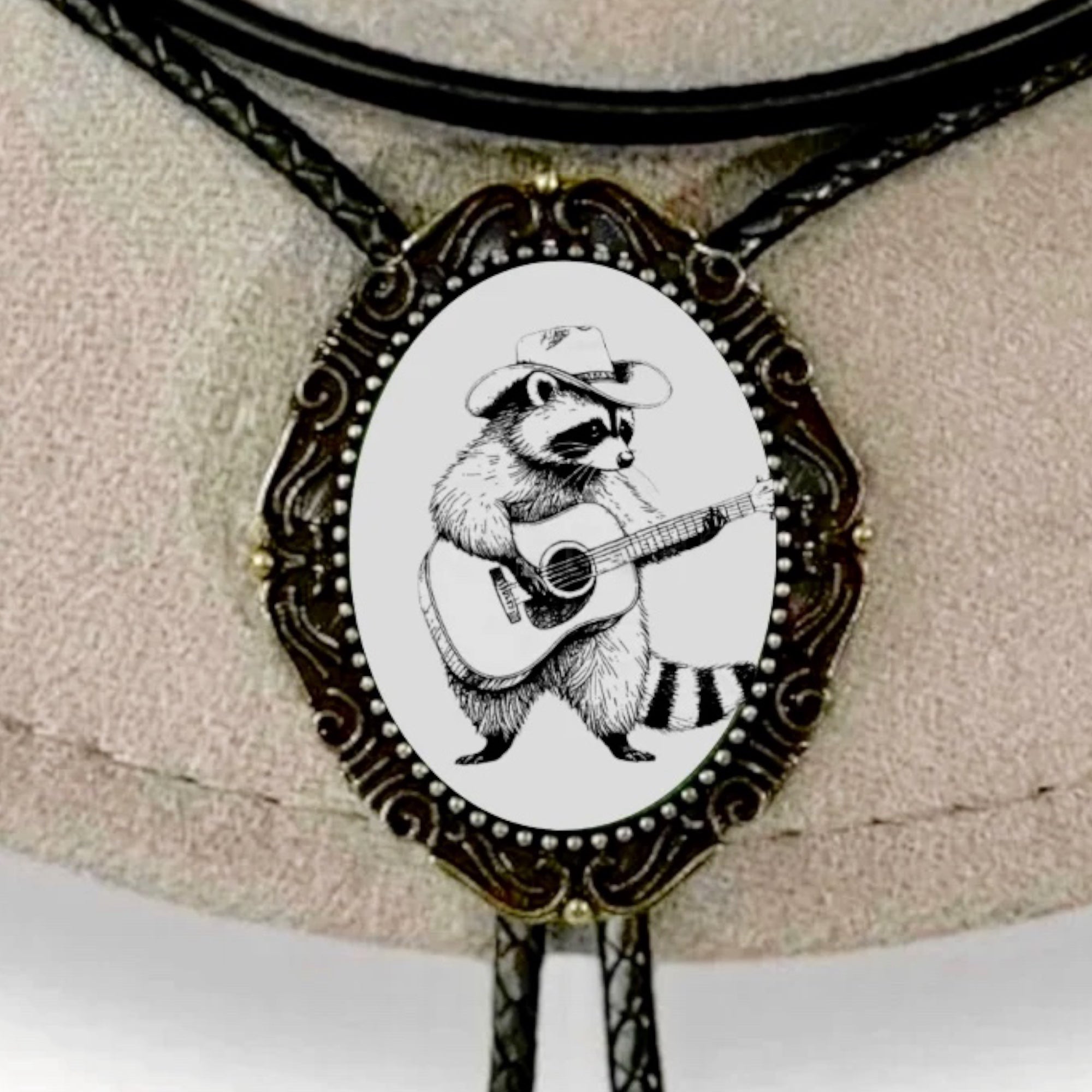 Bolo Tie with Western Raccoon Playing Guitar