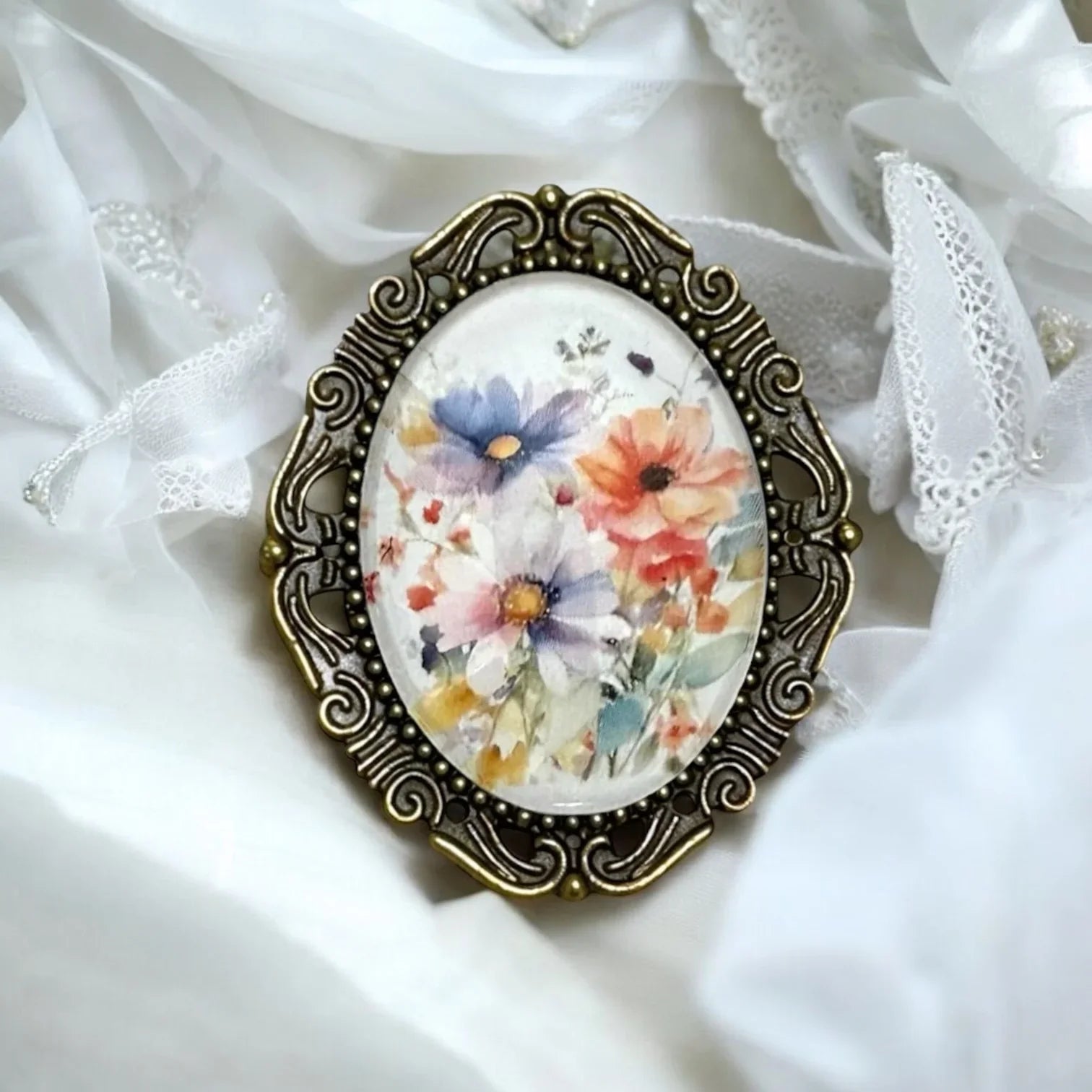 Handmade bronze victorian style floral brooch for her, Mother's Day gift, or birthday gift on a white background.