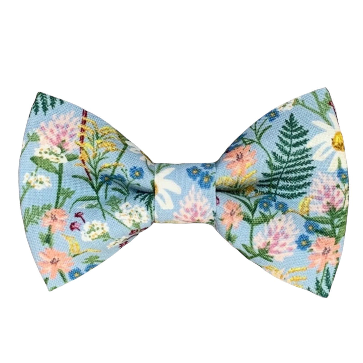 Wildflower Rifle Paper Co fabric Bow Tie in blue with white purple and pink flowers.