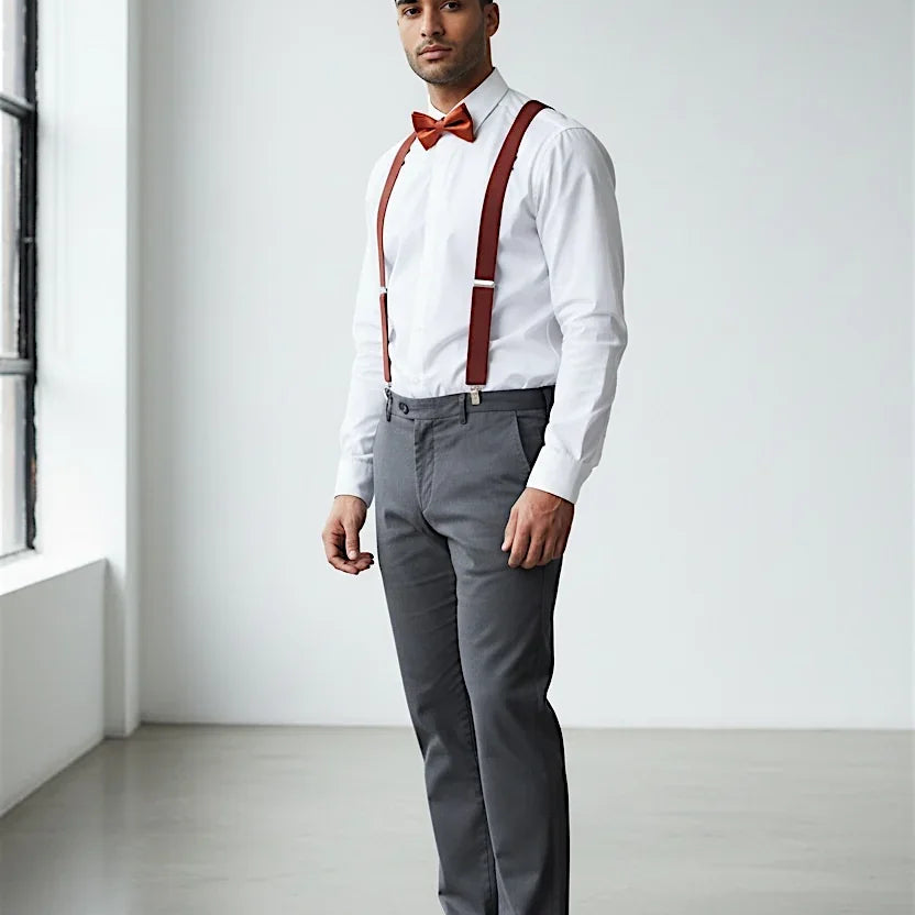 Burnt orange bow tie and suspenders for groomsman, wedding, boys and men.