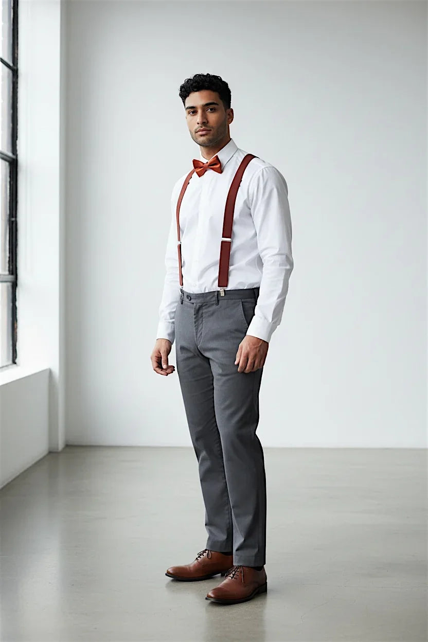 Burnt orange bow tie and suspenders for groomsman, wedding, boys and men.