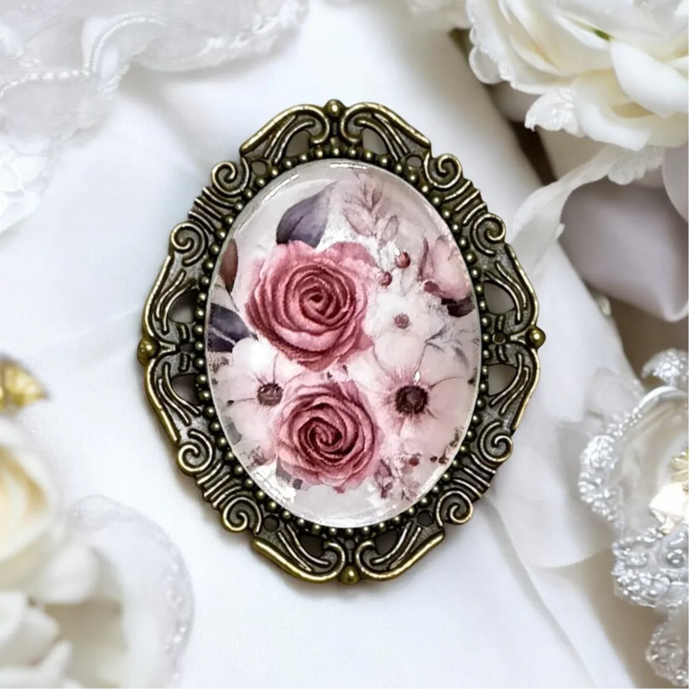 Handmade bronze victorian style floral brooch for her, Mother's Day gift, or birthday gift on a white background.