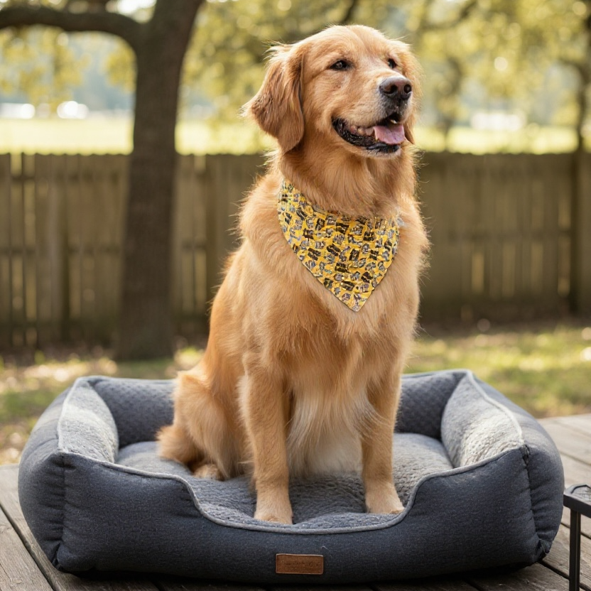 Dog wearing a yellow bandana with “Squirrel Patrol” on it, sitting on a blue pet bed outdoors with trees in the background