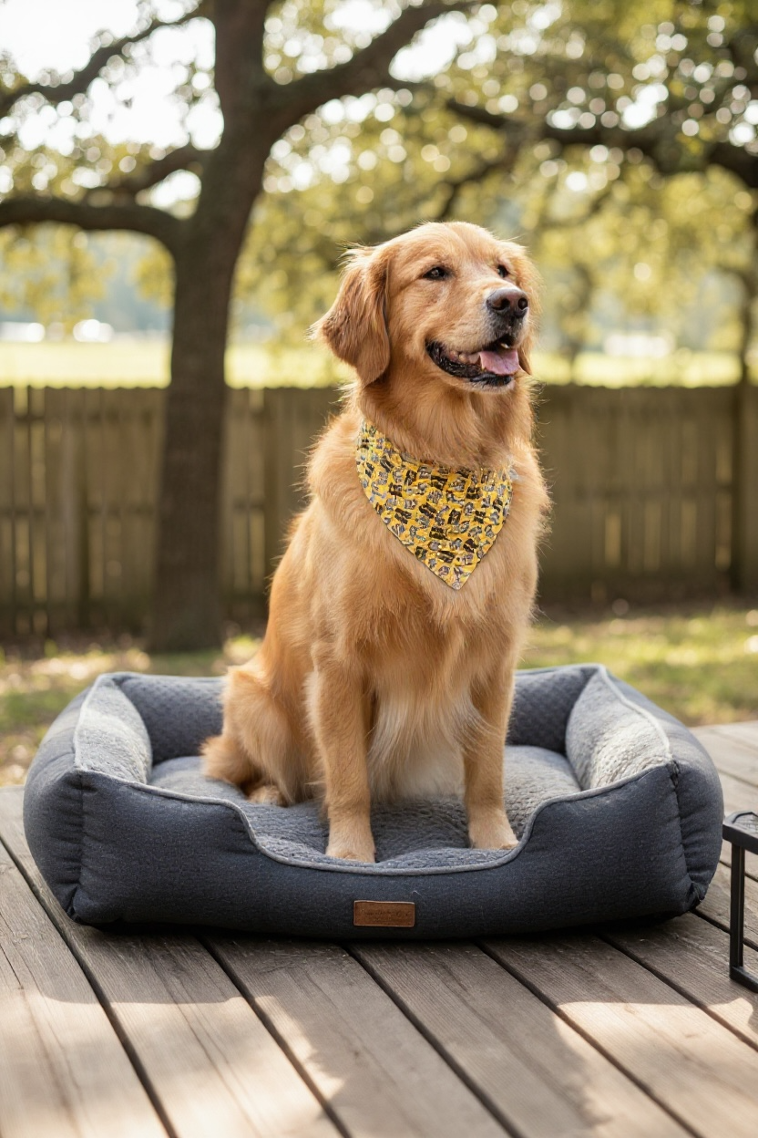 Dog wearing a yellow bandana with “Squirrel Patrol” on it, sitting on a blue pet bed outdoors with trees in the background