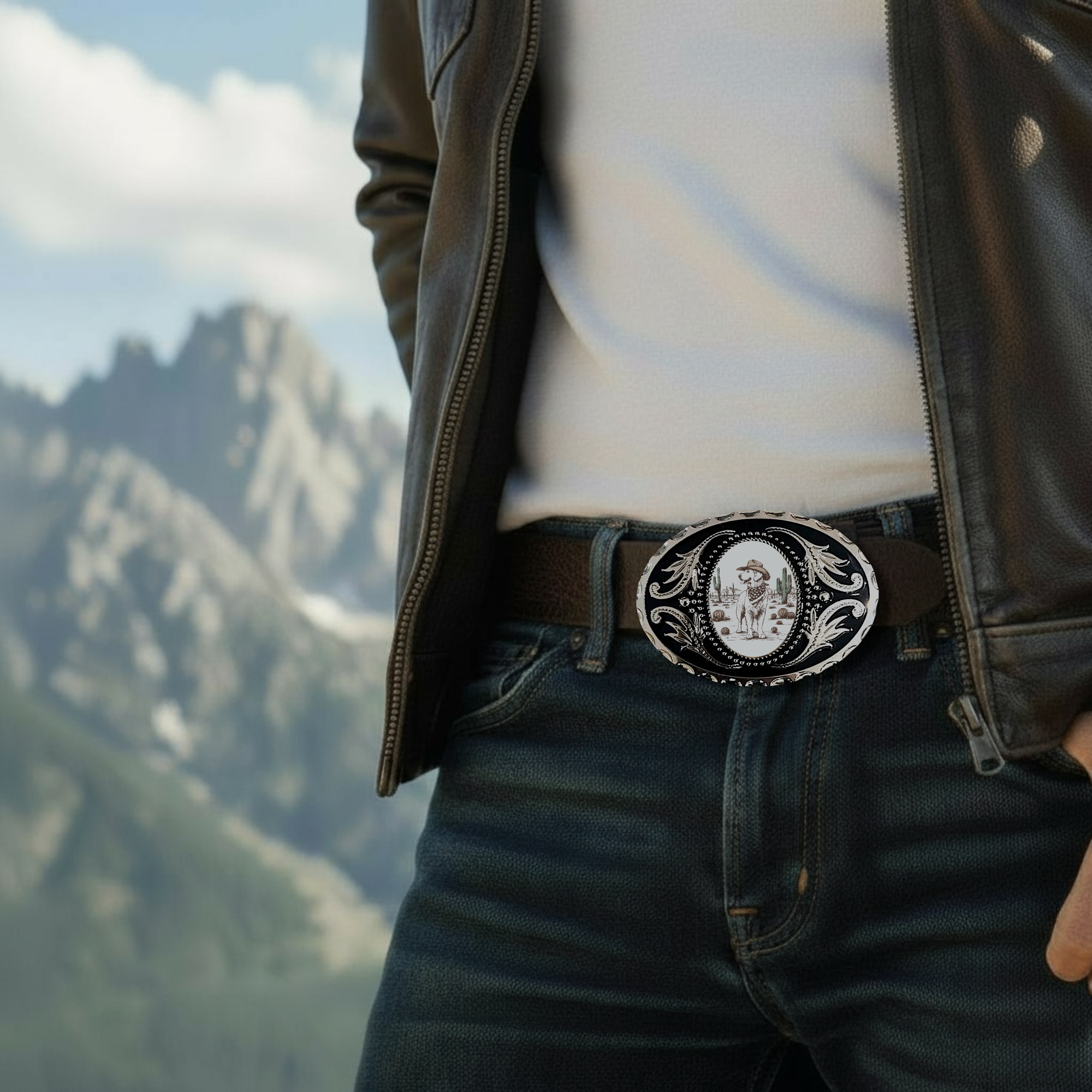 Person wearing a leather jacket and jeans with a golden retriever dog belt buckle against a mountainous background