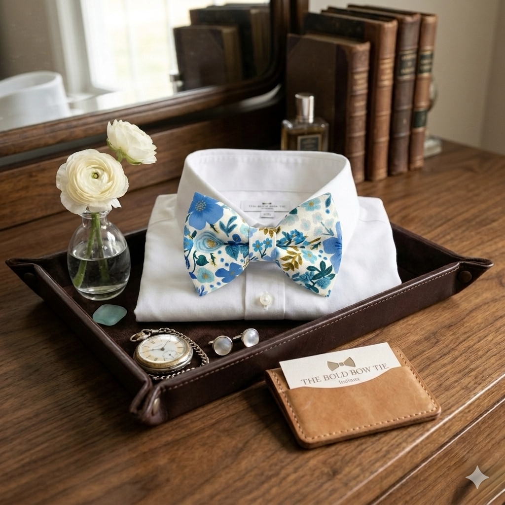 A close-up view of a pre-tied fabric bow tie with an adjustable strap. The off-white fabric is covered in a whimsical botanical print of blue blossoms, teal leaves, and small gold details.