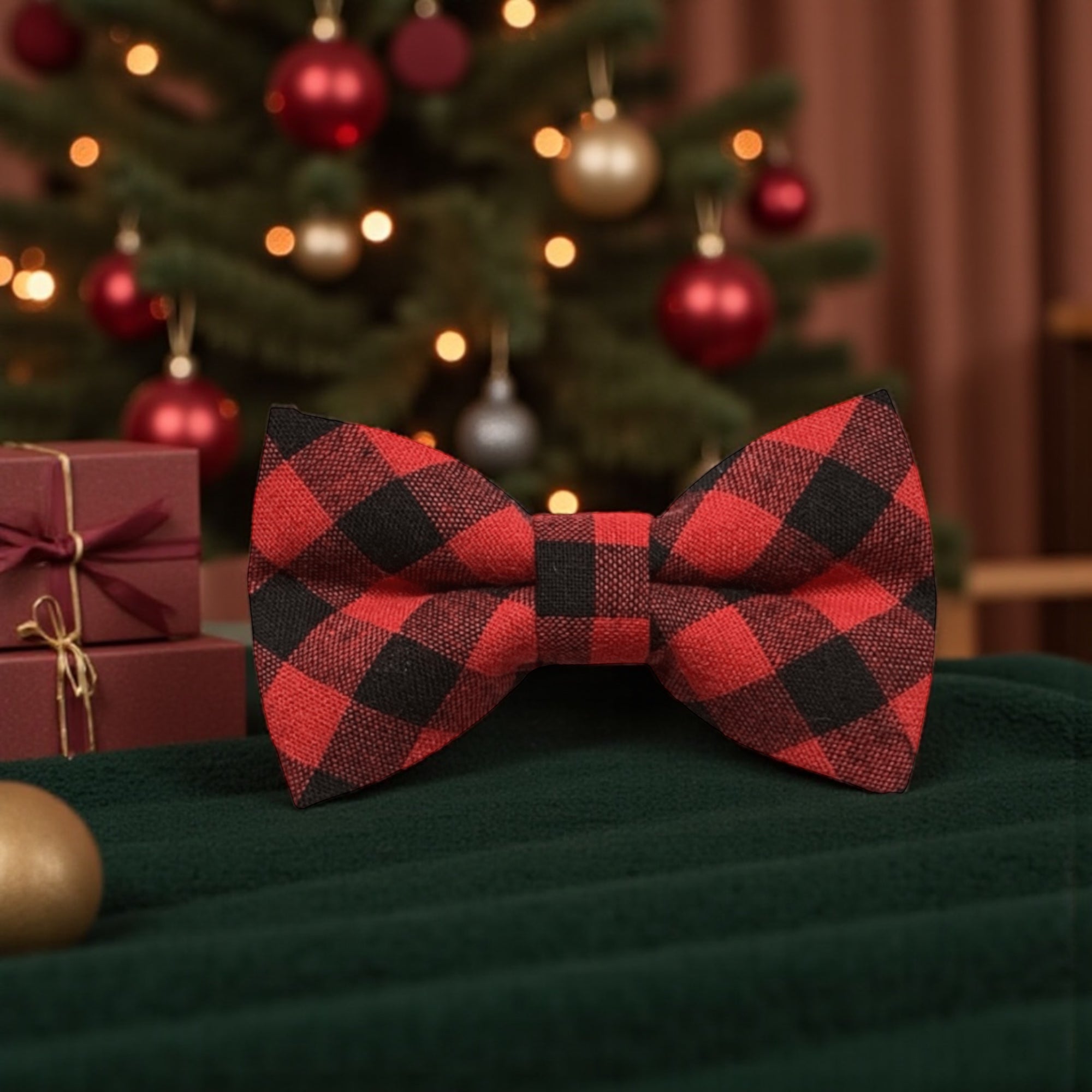 Christmas Red Buffalo Plaid Bow Tie on a green blanket in front of a Christmas tree.