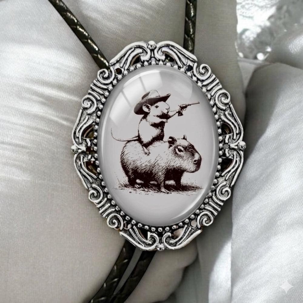 Bolo Tie with Funny Western Mouse Riding A Capybara