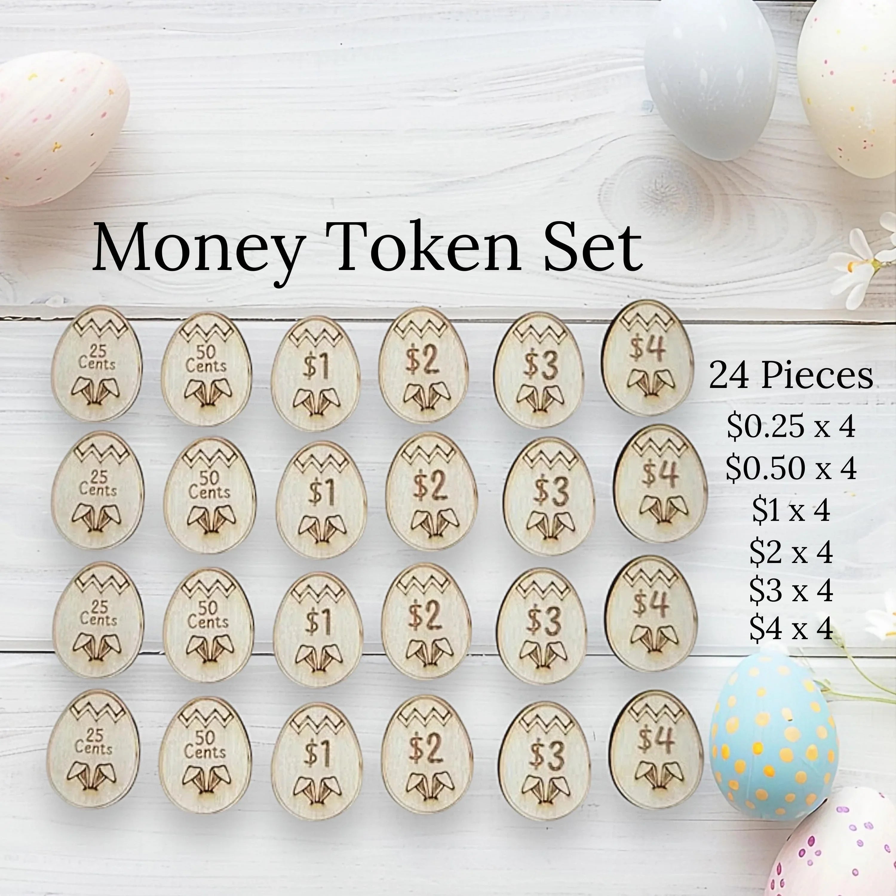 Row of wooden egg shaped tokens showing values from 25 Cents to 4 dollars on a light wooden surface