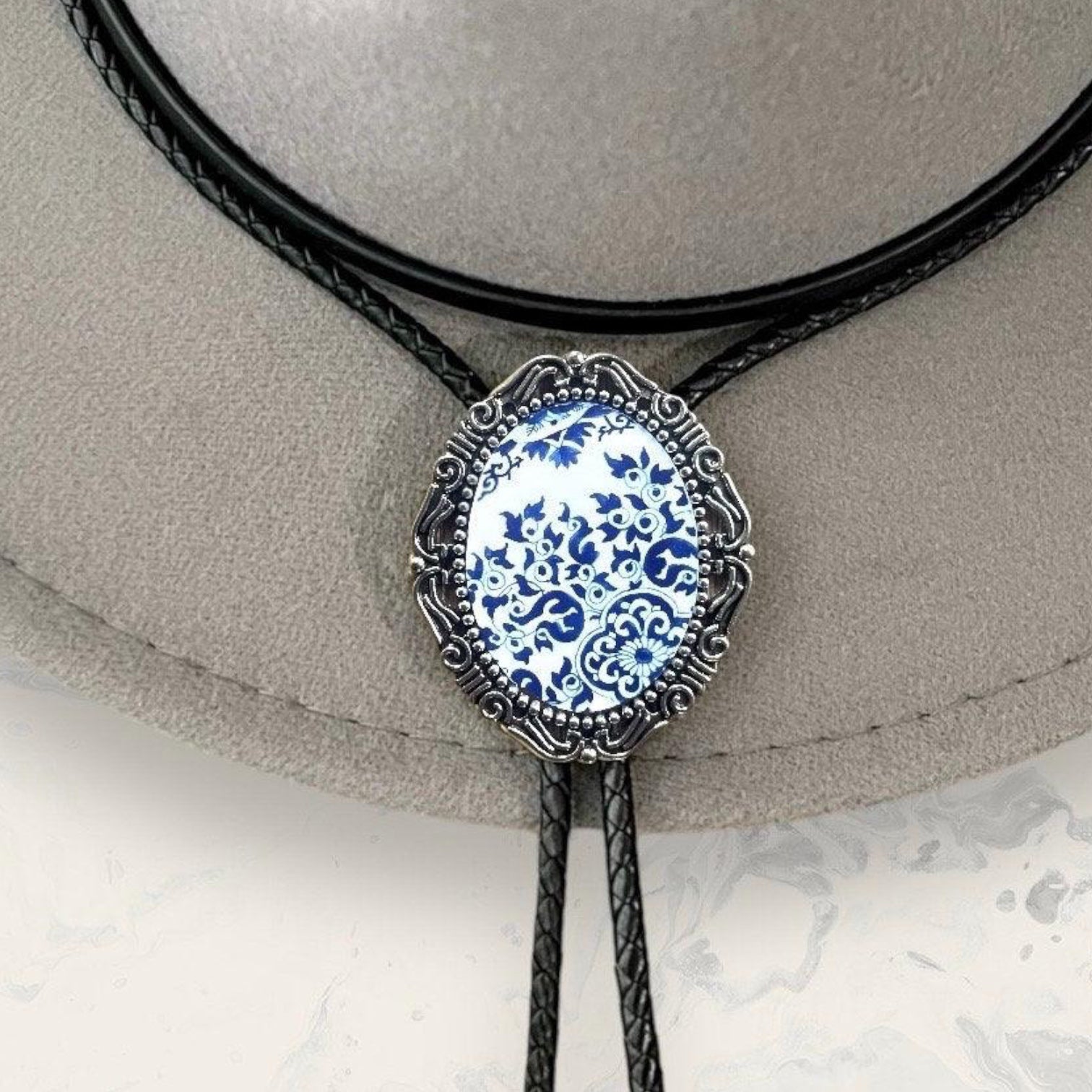Silver French Blue Floral Bolo Tie- Cowboy String Tie