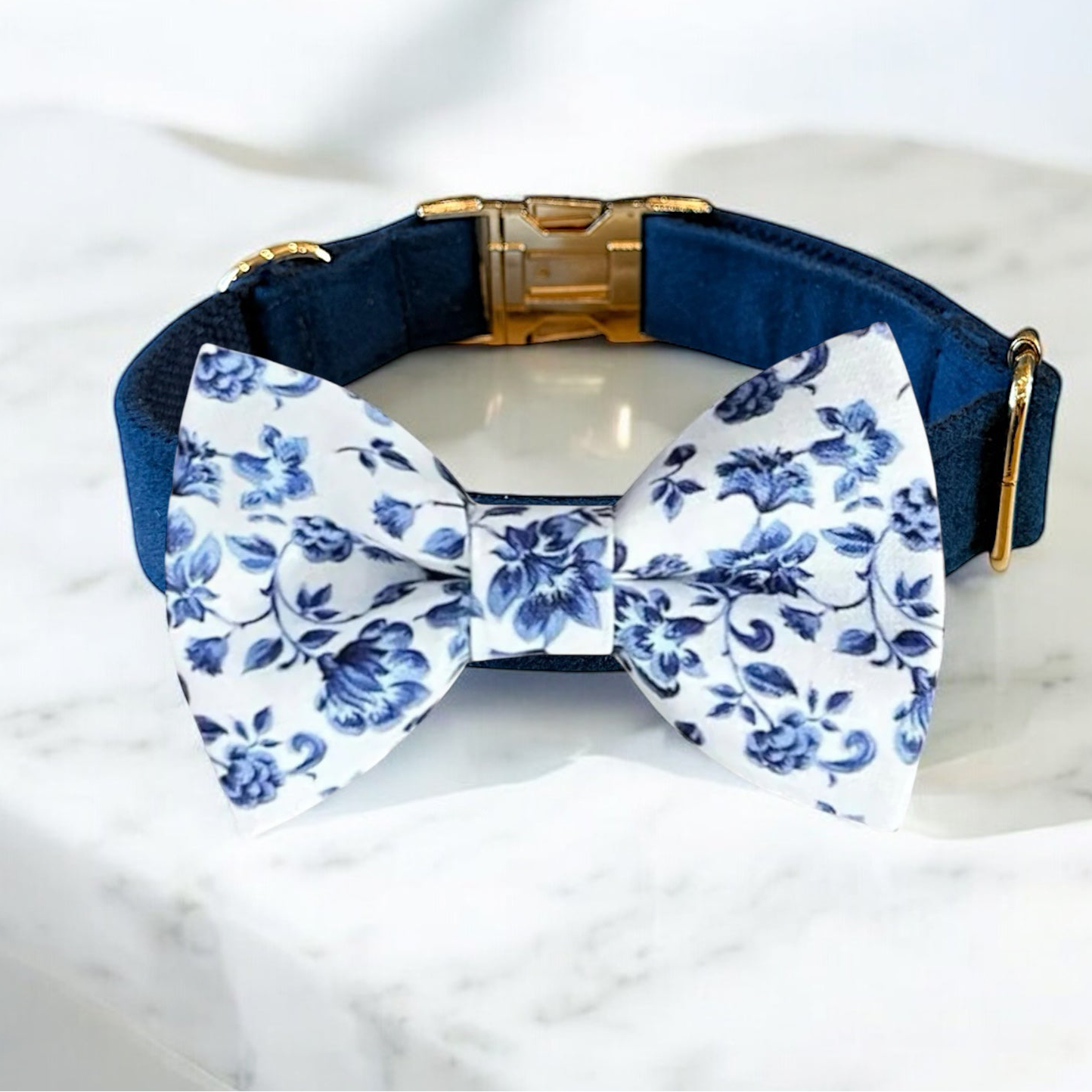 French Blue Floral Bow Tie Dog Collar- perfect for wedding dog collar.