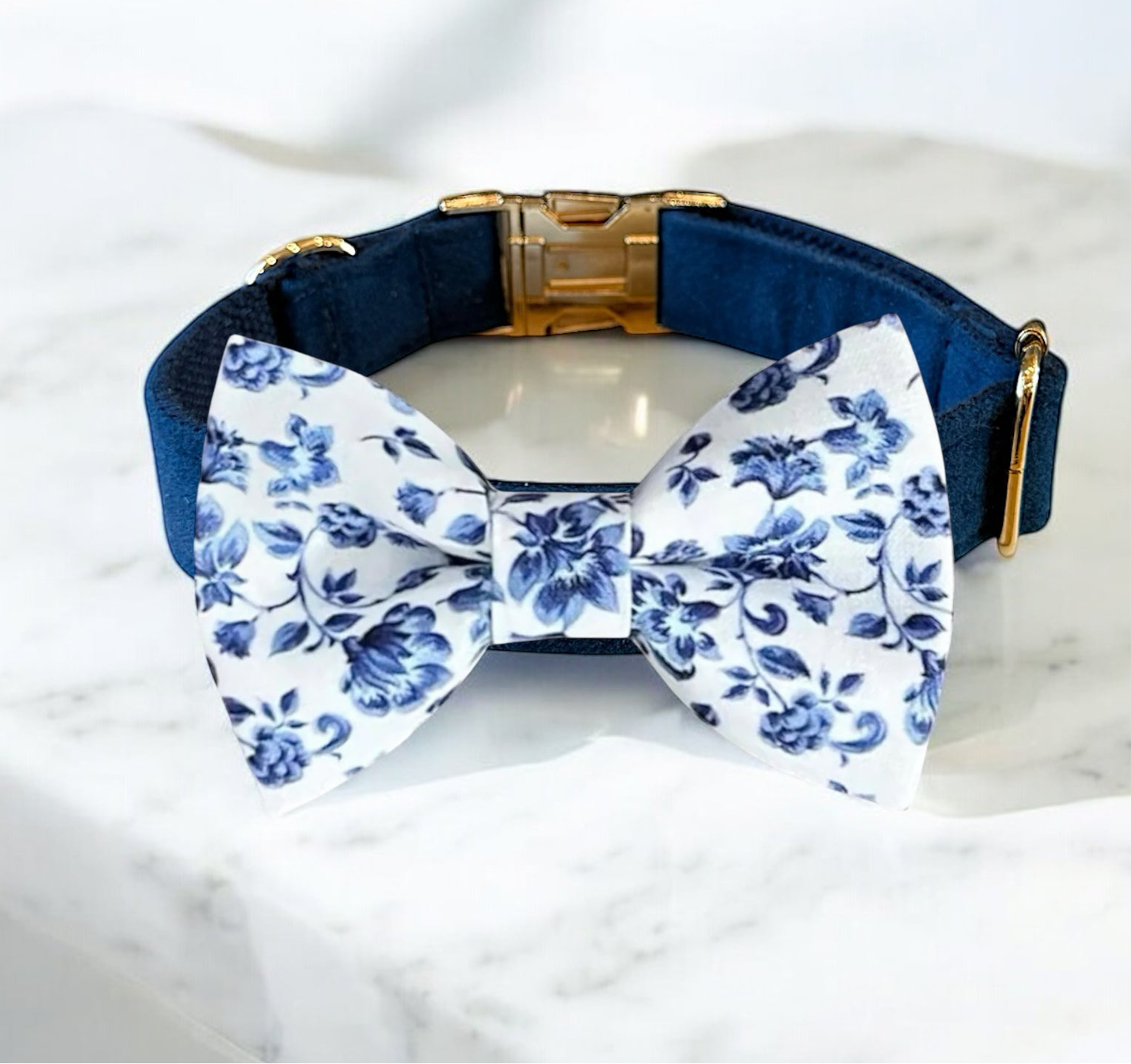 French Blue Floral Bow Tie Dog Collar- perfect for wedding dog collar.