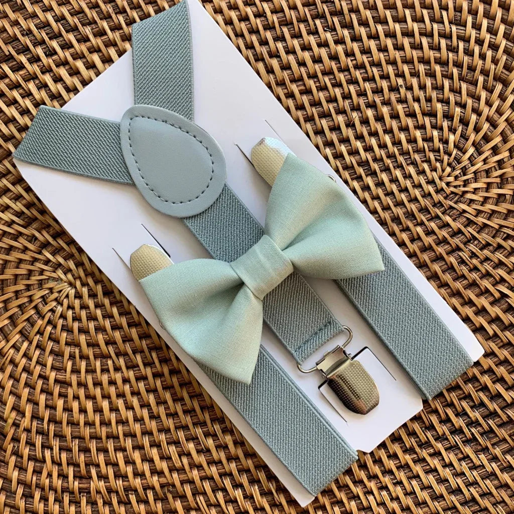 Sage green bow tie and suspenders for men, boys and toddlers.