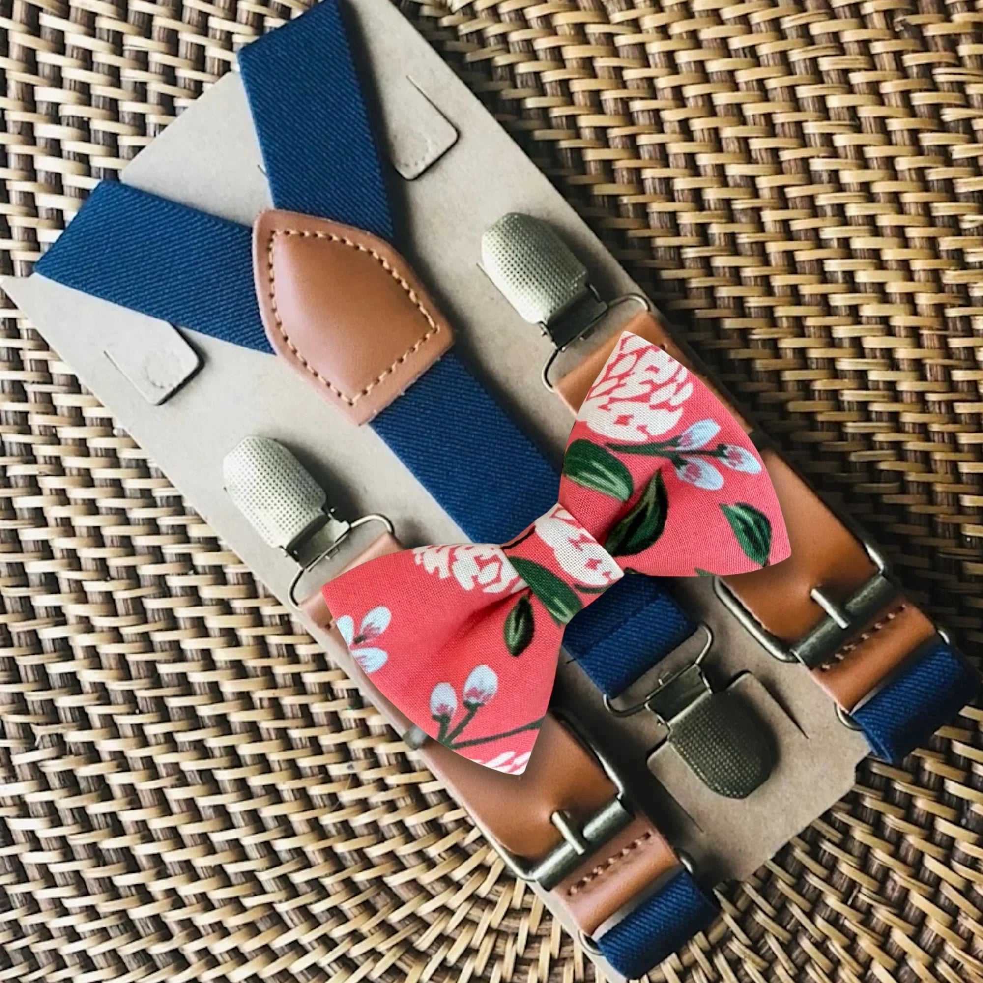Pink floral bow tie and suspenders for men and boys
