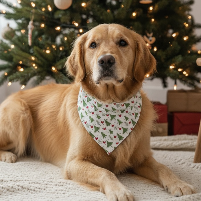 Dog wearing a Christmas bandana in front of a decorated Christmas tree.