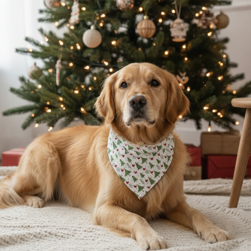Dog wearing a Christmas bandana in front of a decorated Christmas tree.