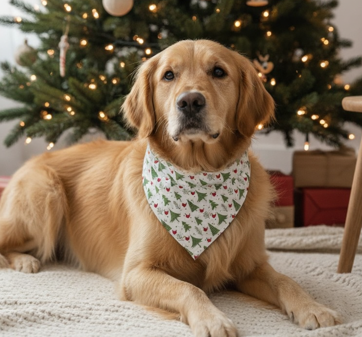 Dog wearing a Christmas bandana in front of a decorated Christmas tree.