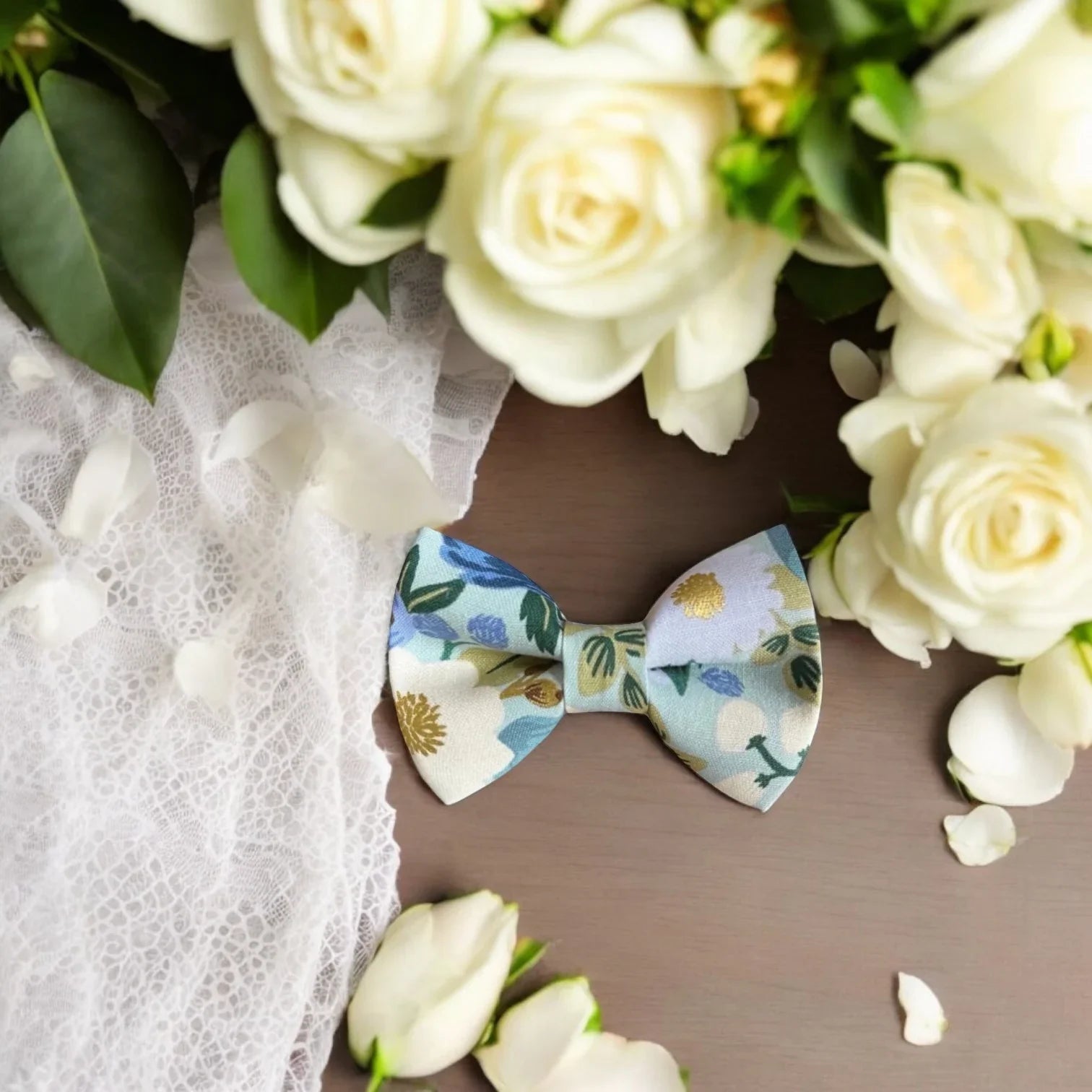 Dusty blue floral bow tie for men, handmade in the USA and pre-tied, for wedding, groomsmen and ring bearer.